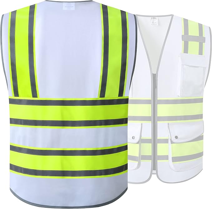 JKSafety 9 Pockets High Visibility Zipper Front Safety Vest | White with Neon Yellow Extended Trims High Reflective Strips | Meets ANSI/ISEA Standards (901-White, 3X-Large)