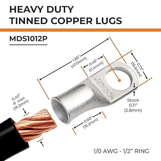 SELTERM 25pcs 1/0 AWG 1/2" Stud Marine Grade Tinned Copper Battery Cable Lugs, 0 Gauge Ring Terminals, UL Wire Lugs Electrical Cable Ends, Terminal Connectors