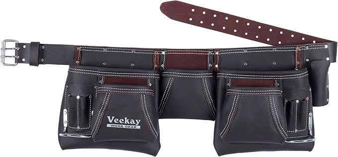 VEEKAY Leather Tool Belt Brown 2-Inch wide belt with 12 Pockets Oil Tanned, Tool Pouch/Bag for 32 to 46 Inch Waist – Ideal for Construction, Carpenters, and Framers