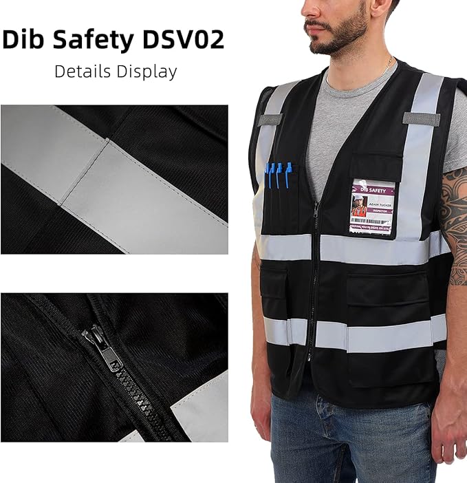 Dib Safety Reflective Vest High Visibility with Pockets and Zipper, Black L