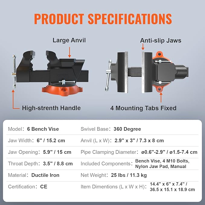 VEVOR Bench Vise, 6-inch Jaw Width 5.9-inch Jaw Opening, 360-Degree Swivel Locking Base Multipurpose Vise w/Anvil, Heavy Duty Ductile Iron Workbench Vise w/Bolts & Nuts, for Drilling, Pipe Cutting