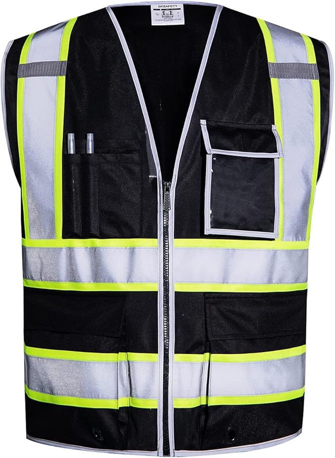 SKSAFETY 10 Pockets Safety Vest, Class 2 High Visibility Security with Zipper, Hi Vis Vest with Reflective Strips, ANSI/ISEA Standard, Construction Work Vest for Men ＆ Women （Black, XL）