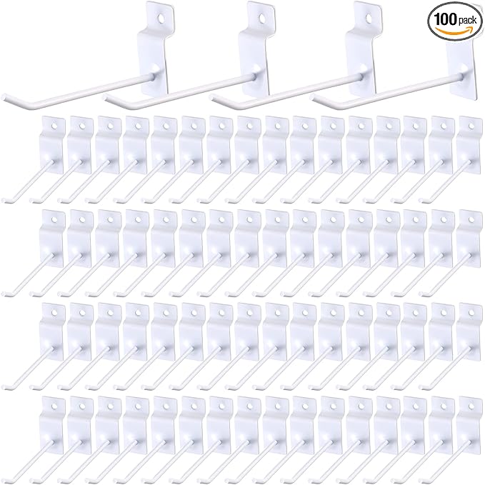Moxweyeni 100 Pack Slatwall Hooks Slatwall Accessories Slat Wall Hanging Pegboard Hangers Slat Board Display Hooks for Retail Garage Organization Gridwall, White(4 Inch)