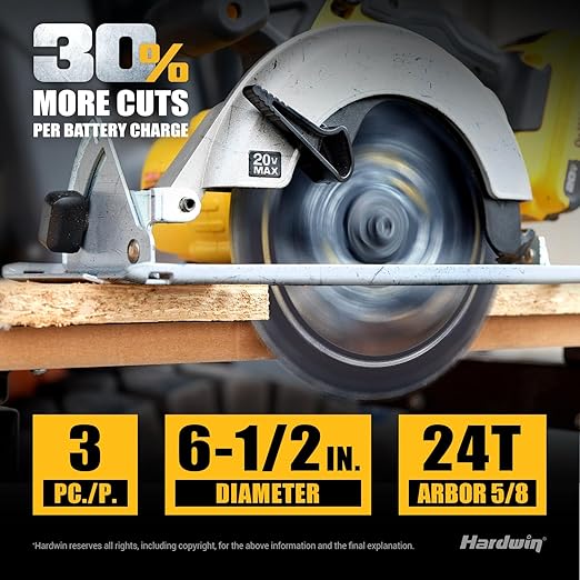 6 1/2 Inch Framing Circular Saw Blade-3Pack, 24T ATB Carbide Teeth, Lightweight for Cordless Saws. Super Thin Kerf for Cutting Wood, Plywood, MDF, OSB, Hardwood, Softwood & More.