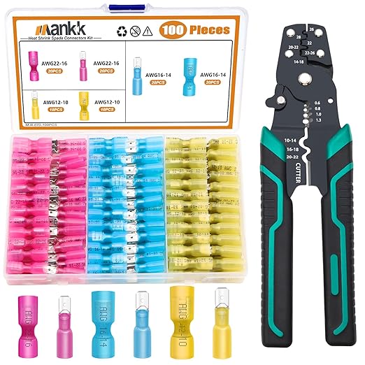 mankk 100PCS Heat Shrink Spade Connectors Kit with Crimping Tool,AWG 22-10 Electrical Waterproof Crimp Butt Terminals Female and Male Spade Terminals (Yellow/Red/Blue) M-N-070-100PCS+Tool