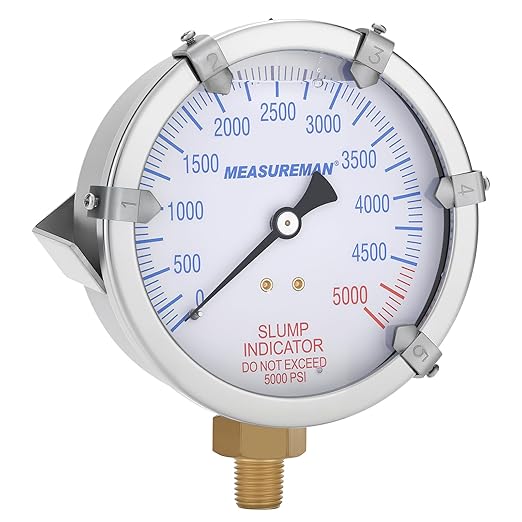 MEASUREMAN Concrete Pump Slump Indicator Gauge, 4 Inch Dial, 0-5000 PSI with 5 Adjustable Target Pointers, Glycerin Filled, 304 Stainless Steel Case, 1/4 NPT Lower Mount