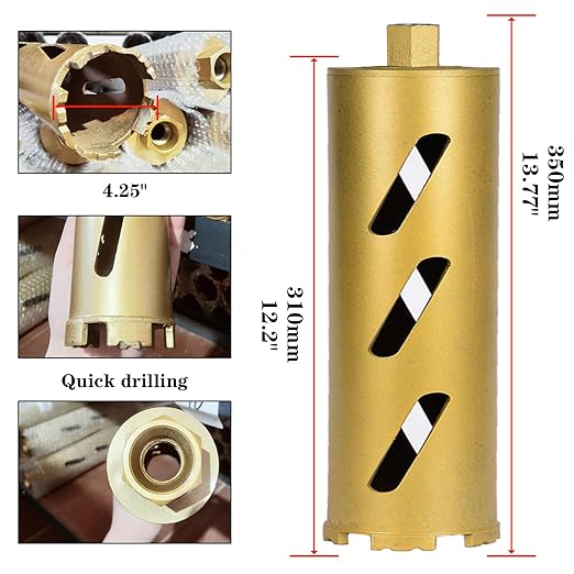 4.25" Dry Drill Core Bits for Cured Concrete with Rebar Brick Blonck Masonry etc 12.2in/310mm Drilling Depth，10mm Diamond Segment Height，2 Adapters