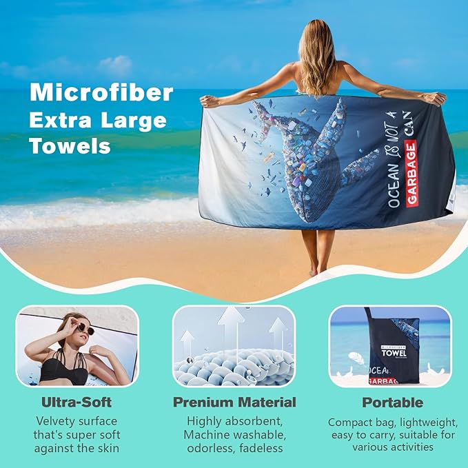 Protect Marine Ecology Beach Towel Oversized 36" x 72", Thin Lightweight Sand Free Quick Dry Microfiber Towel for Swimming Pool Cruise Camping Travel