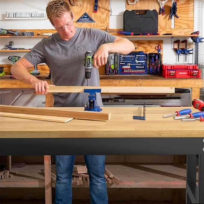 60" Adjustable Workbench,Heavy-Duty Work Table,3000 LBS Load Capacity Hardwood Workstation Outlets with Power Strips and Wheels,for Workshop, Garage