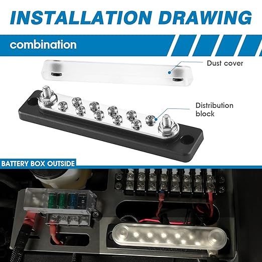 GLOSO Common Bus Bar 3/8” Power Distribution Block Marine Busbar Battery Terminal Distribution Block 150 Amp Rating 4P