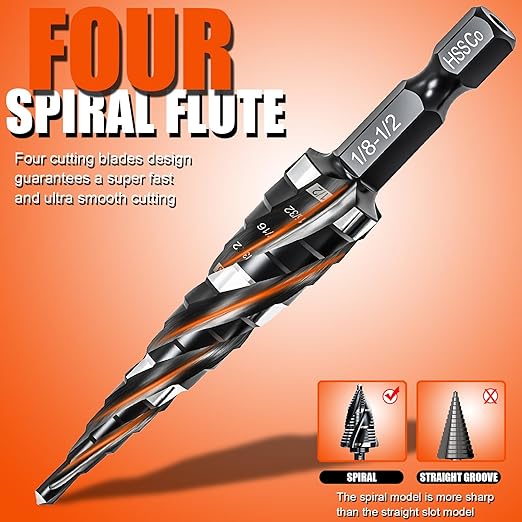 Four Spiral Flute Step Drill Bit for Metal,M35 Cobalt Unibit Step Drill Bit Set 1/8"-1/2"(13 Sizes),Wear-Resistant AlTiN Coated,1/4" Hex Shank for Metal, Stainless Steel, Aluminum, Plastic