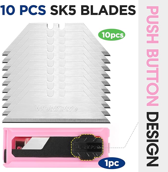 WORKPRO Folding Utility Knife, Quick Change Box Cutter, Pink Razor Knife for Cartons, Cardboard, Boxes, 10 Extra Blades Included - Pink Ribbon