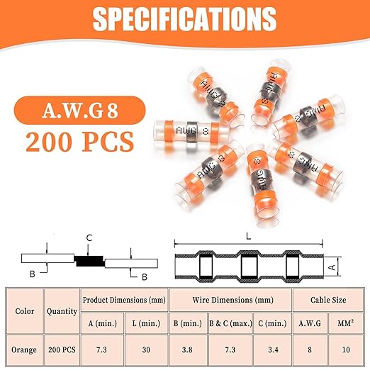 200PCS Solder Seal Wire Connectors Orange 8 AWG, Marine Grade Self Soldering Heat Shrink Wire Connectors Waterproof Insulated Electrical Butt Splice Wire Terminals for Automotive Boat Truck