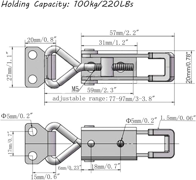 2pcs Toggle Latch Clamp 4001, Adjustable 304 Stainless Steel Pull Hasp Latches, Quick Release Hand Tool Toggle Clamp for Smoker Lid Jig,Case Trunk,Door,220Lbs Holding Capacity