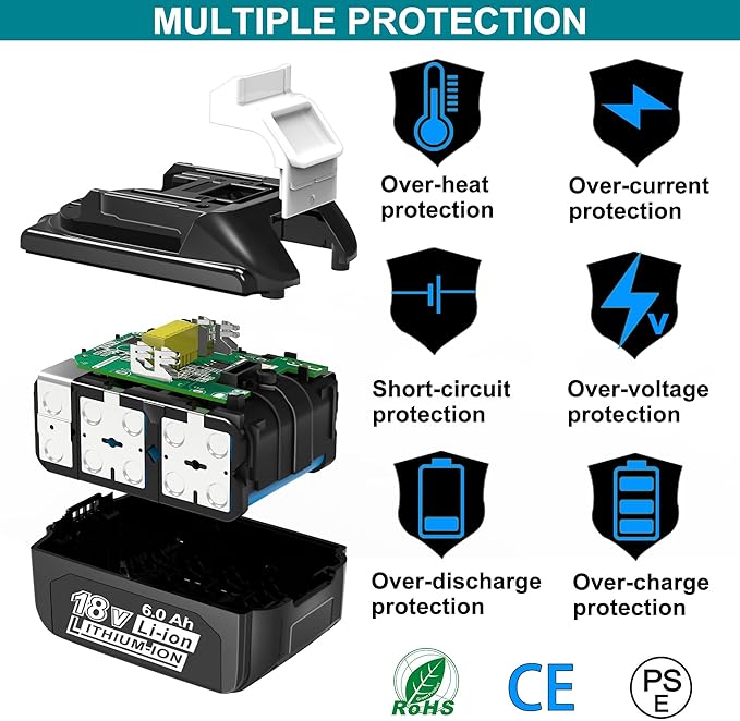 2Pack 6000 mAh 18V Long-Lasting Lithium Battery Replacement for Makita 18V Battery BL1860B BL1850B BL1815 BL1840B BL1815, Compatible with makita 18V Charger and Cordless Power Tool