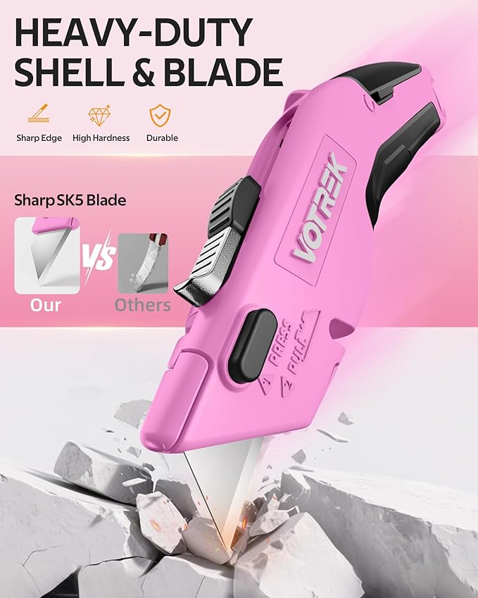 Box Cutter Utility Knife, 2-in-1 Safety Retractable Box Cutter for Women, Quick Change Razor Knife for Home, Office & DIY, Blade Storage Design, with Extra Sharp Razor & Hook Blades (Pink)