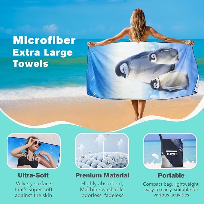 Penguin Family Beach Towel Oversized 36" x 72", Thin Lightweight Sand Free Quick Dry Microfiber Towel for Swimming Pool Cruise Camping Travel