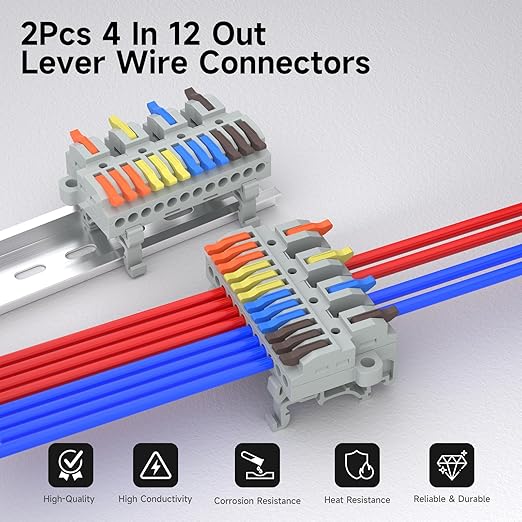 2Pcs Lever Wire Connectors, 4 in 12 Out, Push-in, Quick Wiring DIN Terminal Blocks, 0.7-2.5(4) mm², 600V 32A, 32Pcs Wire Ferrules Terminals & 5.51 Inch DIN Rail Included
