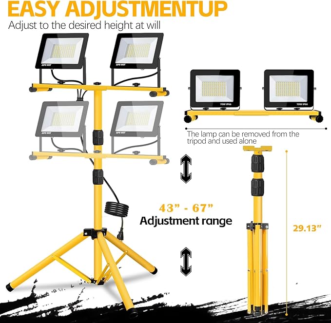 Work Lights with Stand, 21000 Lumen, 2 Adjustable Heads LED Work Lights, with Adjustable and Foldable Tripod Stand, Waterproof Lamp with Individual Switch with 6500 Kelvin Color Temperature (2-Heads)