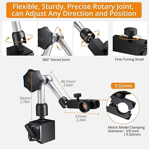 Neoteck Dial Test Indicator with Magnetic Base Stand and Storage Case, 0-0.03"/0.0005" Test Indicator Set with 2 Steel Dovetail Clamps 3/8'' and 5/32'' for Machine Set-Up, Narrow Area Measurement