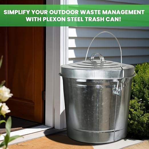 Plexon Metal Trash Can with Locking Lid Outdoor Storage Bucket for Bird Seed Ash 6-Gallon Galvanized Steel 2 Pack