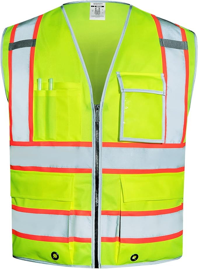 SKSAFETY 10 Pockets Safety Vest, Class 2 High Visibility Security with Zipper, Hi Vis Vest with Reflective Strips, ANSI/ISEA Standard, Construction Work Vest for Men ＆ Women （Lime, 3XL）