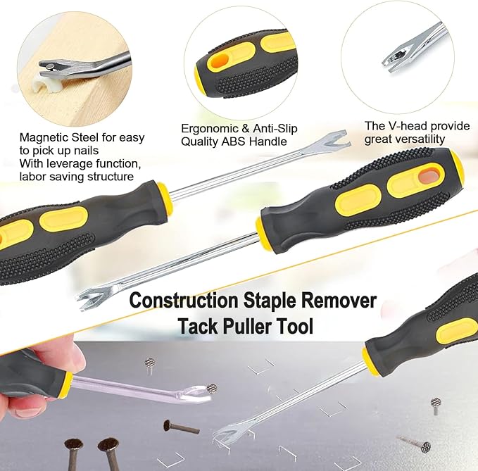 4Pcs Upholstery and Construction Staple Remover with Tack Puller Tool, Nail Puller, Carpet Nail Remover, Heavy Duty Staple Puller Remover, for Furniture Floor Wooden Case Carton Photo Frame