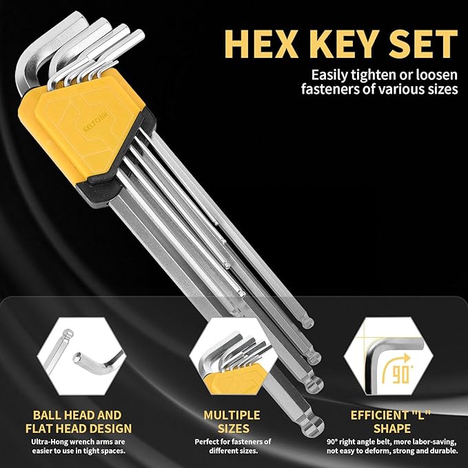 Hex Key Set Extra Long Ball End Cr-V Garage – 9PCS Metric Allen Wrenches, Chrome Vanadium Steel, 1.5–10mm, 9in, Silver Finish, Perfect for Narrow Spaces, Motorcycle Repairs, Home Projects