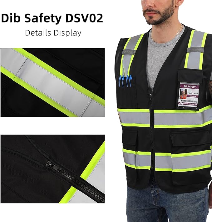 Dib Safety Reflective Vest High Visibility with Pockets and Zipper, Black with Yellow Trim M