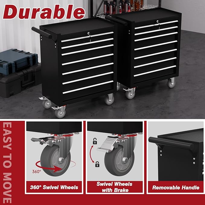 Rolling Tool Chest with Drawers, 7 Drawers Tool Chests & Cabinets, Metal Toolbox with Wheels, Lockable Storage Cabinet, Garage Tool Box with Drawers (Black, 7 Drawers)