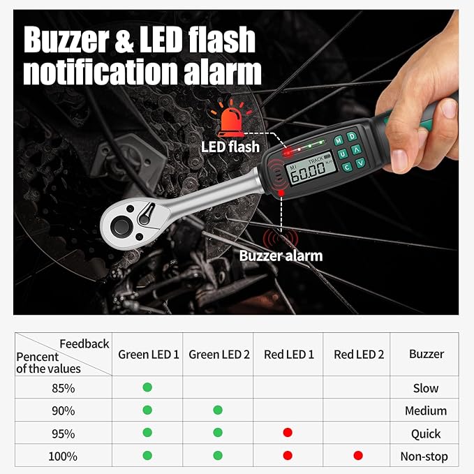 Precision 3/8" Digital Torque Wrench with ±2% Accuracy for Spark Plug, Carbon Bike & Motorcycle (2.2-44 ft-lb / 3-60 Nm) - Over-Torque Alert with Buzzer/LED & Storage Case