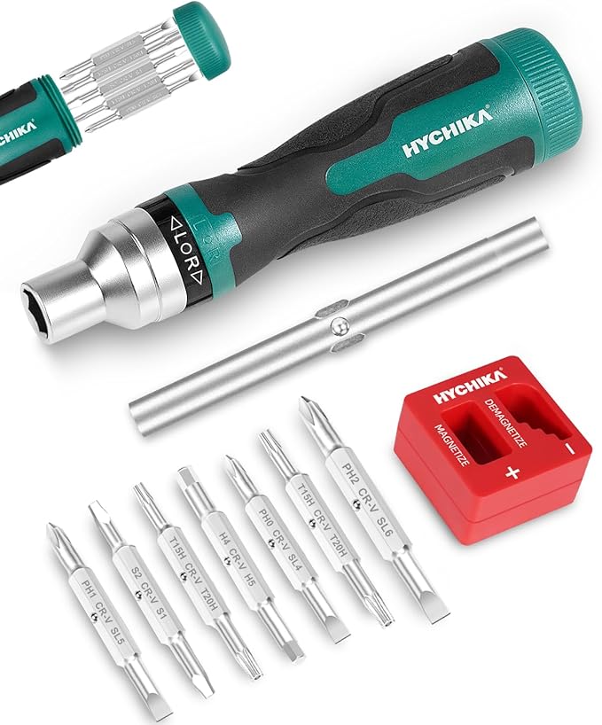 HYCHIKA Ratcheting Screwdriver 16-in-1, Magnetic Ratchet Screwdriver Set, Screw Driver Multi Bit All in One with Phillips, Slotted, Torx, Square, Hex bit and Double End Nut Driver