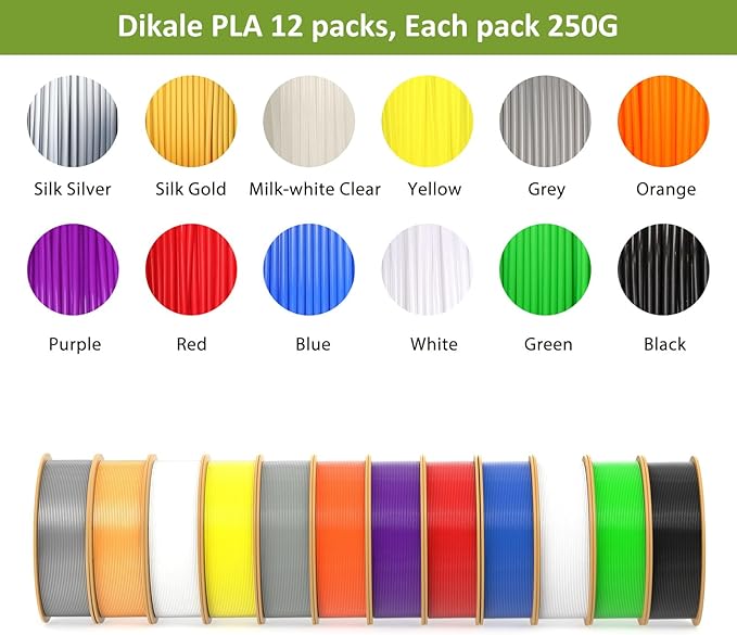 PLA+ 3D Printer Filament 1.75mm No Tangle, Net Weight 250g Spool, 12 Packs, PLA Pro Plus, 12 Assorted Multiple Colors, Total 3KG Material
