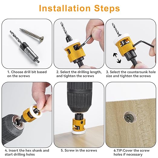 Countersink Drill Bit Set for Wood,7 PCS Counter Sink Drill Bit with HSS Tapered Drill Bits and 1/4" Hex Shank Quick Change for Woodworking with Storage Box