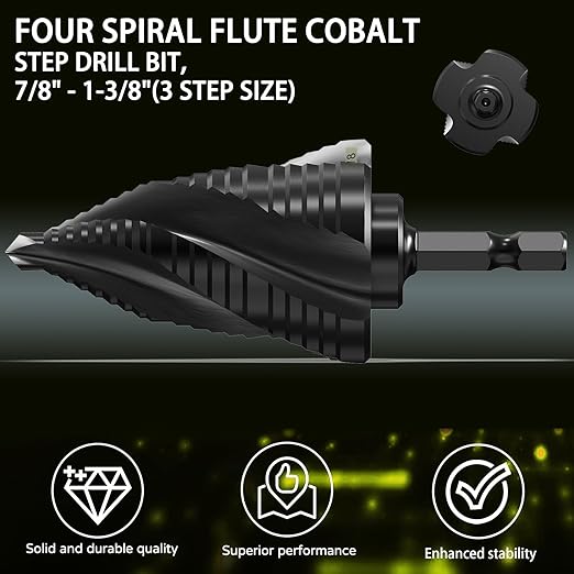 M35 Cobalt Step Drill Bit Four Spiral Flute, 3/16"-1-3/8" (19 Step Sizes) - Ideal for Metal, Stainless Steel, Wood, Plastic - 1/4" Hex Shank