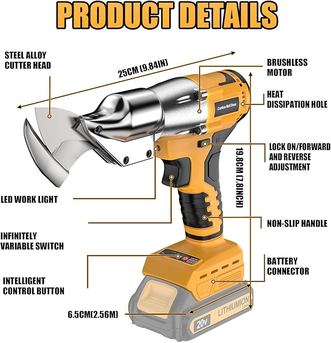 Cordless Sheet Metal Cutter Brushless for De-walt 20v Max Battery(Tool Only), Metal Shears 360 Degree Pivoting Head, Electric Metal Scissors for for Cutting Stainless Sheet, Metal, Iron, 221 Ft-Lbs
