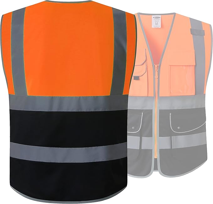 JKSafety 9 Pockets Class 2 High Visible Reflective Safety Vest Zipper Front Breathable Lining Orange-Black Meets ANSI/ISEA Standards(150-Orange-Black L