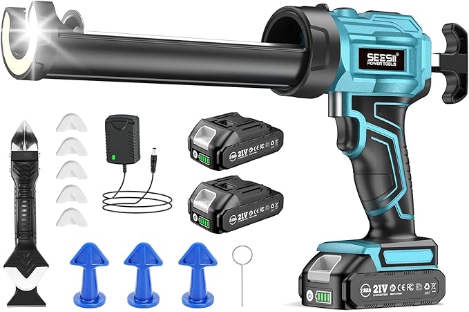SEESII Cordless Caulking Gun, 21V Battery Powered Caulk Gun, Electric Caulking Gun w/2 x 2.0Ah Batteries, 9Pcs Caulk Remover Tool, LED Light, Auto Retract, Adhesive Gun Kit for Filling, Sealing