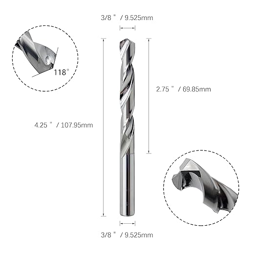 LUMA 3/8" Solid Carbide Jobber Drill Bits with Straight Shank and 118° Point Angle, Made from Tungsten Carbide Material,5-Pieces