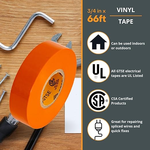 GTSE Orange Electrical Tape, 10 Rolls – Waterproof, Industrial Grade Vinyl, 3/4 in x 66ft– Strong Self-Adhesive PVC Electric Tape for Wire Insulation, 7 Mil, 600V – UL/CSA Listed