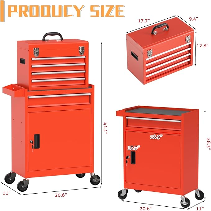 5-Drawer Rolling Tool Chest with Wheels, Lockable Metal Tool Box with Drawers, Detachable Top Cabinet & Storage Cart for Garage Workshop,Repair Room(Red)