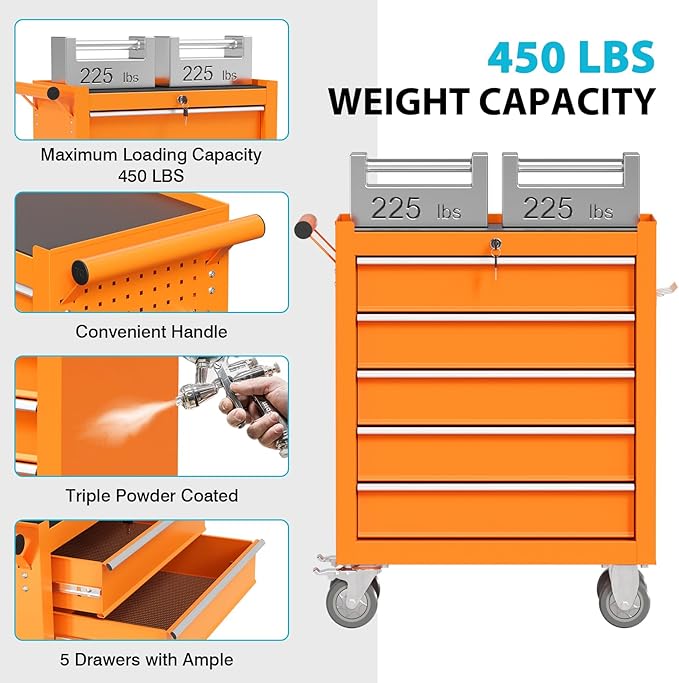 5 Drawers Rolling Tool Chest, Portable Storage Tool Box with Wheels, Tool Chest with Lock for Warehouse, Garage, Repair Shop and Tool Room