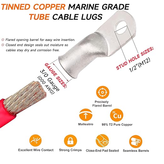 000 Gauge Tinned Copper Cable Lugs 8 PCS 3/0 AWG-1/2(M12) Ring Terminal Heavy Duty Wire Lugs Battery Lugs, 8 PCS 3/0 Guage terminals Battery Cable Ends Connectors with 8 PCS 3:1 Heat Shrink Tube