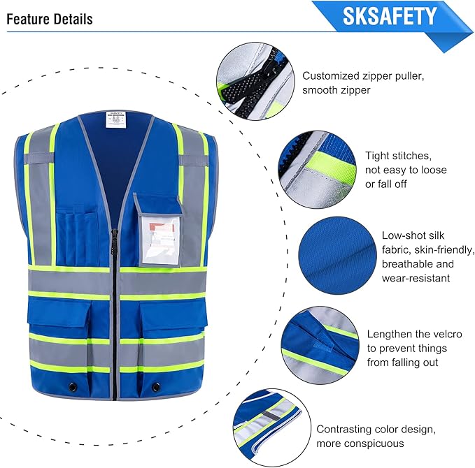 SKSAFETY 10 Pockets Safety Vest, Class 2 High Visibility Security with Zipper, Hi Vis Vest with Reflective Strips, ANSI/ISEA Standard, Construction Work Vest for Men ＆ Women （Blue, 3XL）