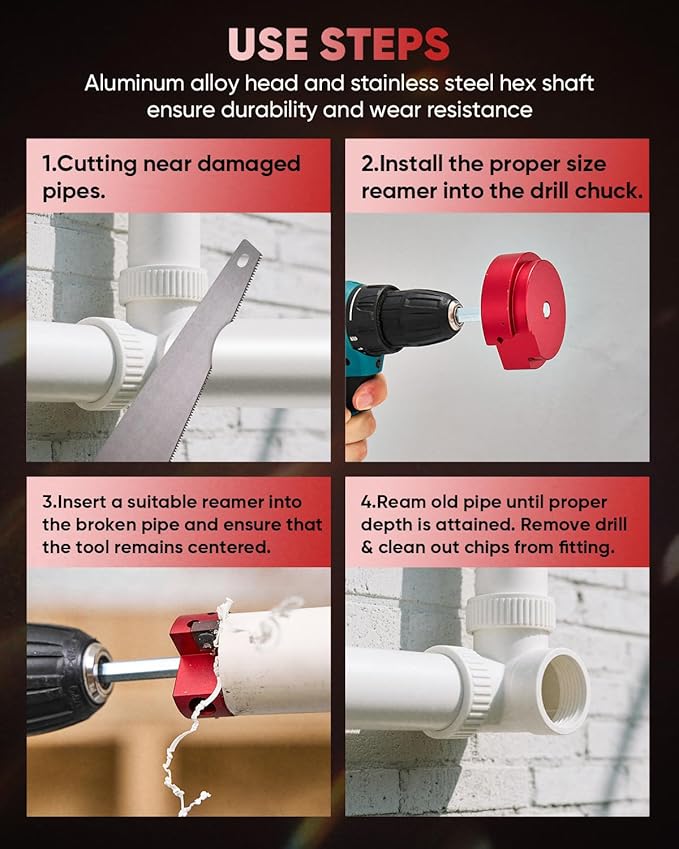 Saker PVC Pipe Reamer Kit, PVC Fitting Saver with 1-1/2inch,2inch,3inch,4inch Head, For SCH40, ABS Pipe,CPVC Perfect for Plumbing Repairs, Fits Standard 1/2" Drill