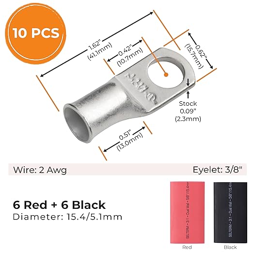 SELTERM 10pcs - 2 Awg - 3/8" Stud - Battery Lugs - Ring Terminal Connectors | with 12pcs 3:1 Black & Red Heat Shrink Tubing with Adhesive | Heavy Duty Battery Cable Ends - Tinned Copper Wire Lugs Kit