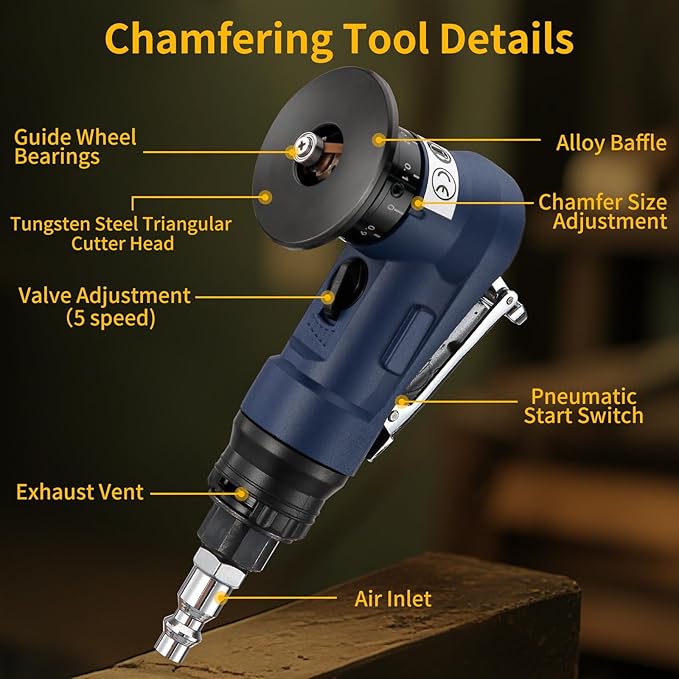 2 in 1 Pneumatic Chamfering Tool- Mini Air Chamfer Tool with Multi-Angle Chamfering Kit,45 Arc Corner Deburring Beveling Chamfer Machine for Metal, Acrylic,Woodworking (Blue)