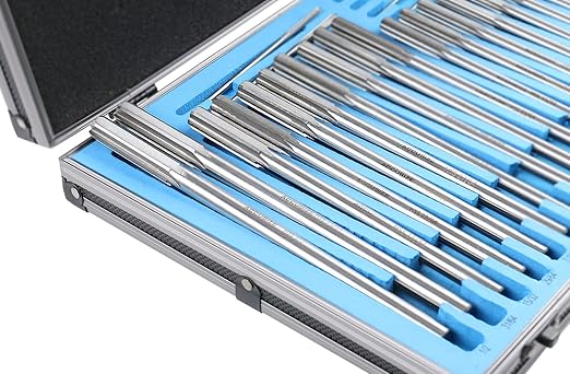 Accusize Industrial Tools 29 Pc Set 1/16 to 1/2 inch by 1/64 in HSS M2 Premium Chucking Reamers, Straight Flute, Aluminum Case, 5528-SF00