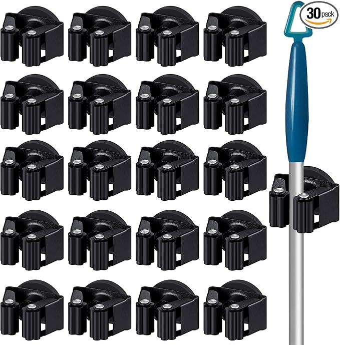 30 Pcs Magnetic Mop Broom Holder Movable Magnetic Broom Holder Rack, Anti Slip Wall Mounted Utility for Cleaning Tools, Garage, Kitchen, Laundry, Garden (Black)