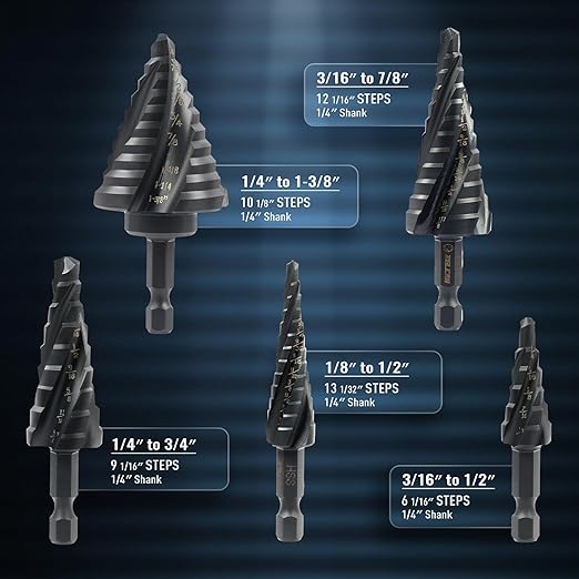 ZELCAN Step Drill Bit Set, 5PCS Four Spiral Flute Step Bits for Metal, 50 Sizes Titanium-Coated HSS Drill Bits with 1/4" Hex Shank for Stainless Steel Aluminum Wood Plastic